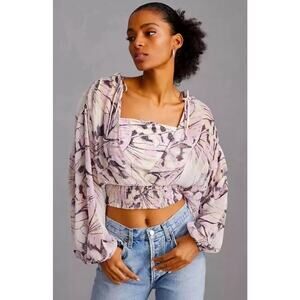 BY ANTHROPOLOGIE Sheer Peasant Top Light Purple Motif Sz Small $98 MSRP Romantic